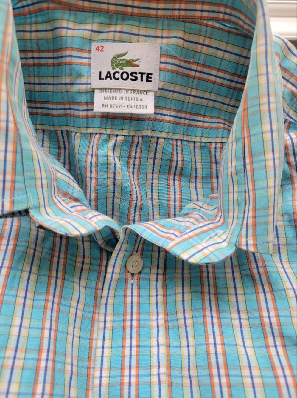 Lacoste 100% Cotton Teal Blue Yellow Plaid Button Down Long Sleeve Shirt Size L - Picture 6 of 16